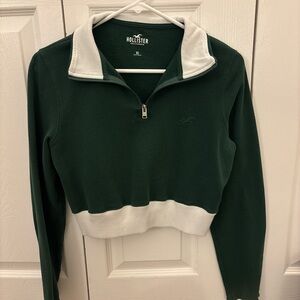 Hollister Forest Green and Cream Quarter-Zip Pullover